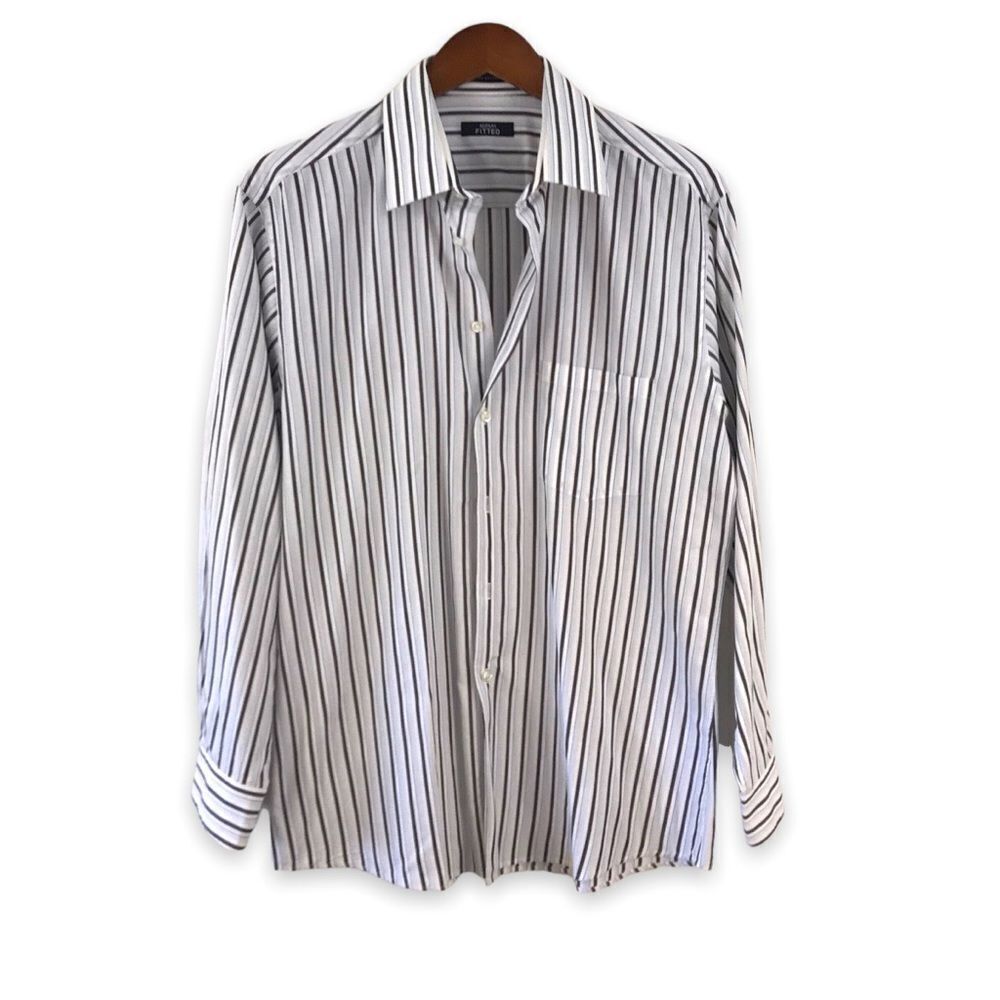 Alfani Fitted brown and light blue stripe button down shirt size 16